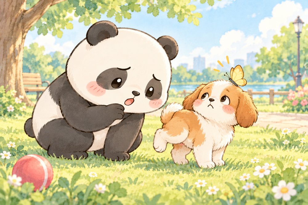 足を浮かせた子犬に気づいて心配そうにのぞきこむパンダのナビ助