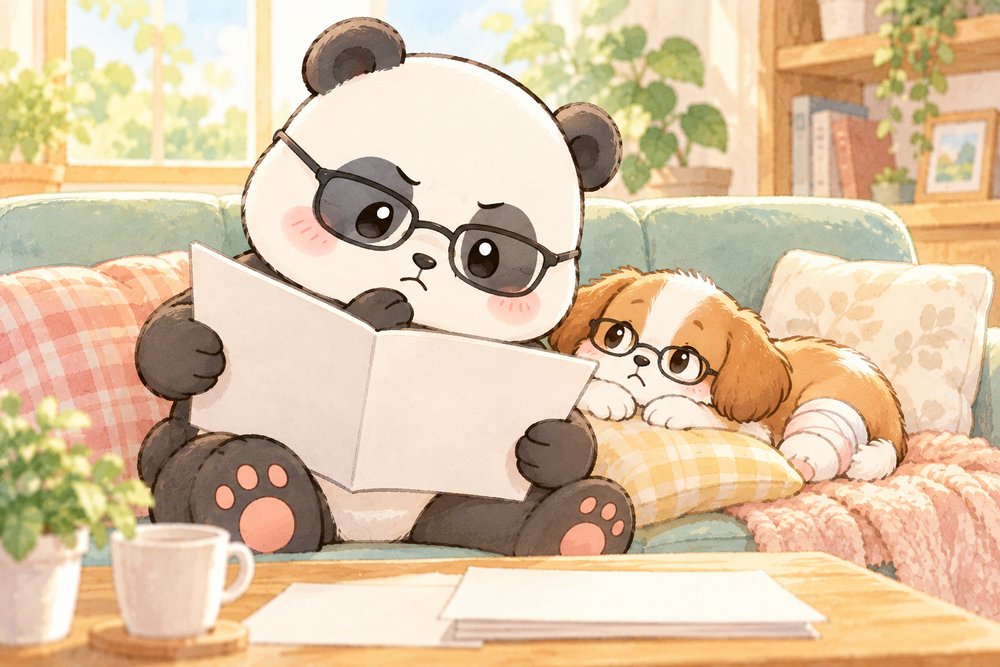 包帯の子犬のとなりでペット保険の書類を確かめるパンダのナビ助