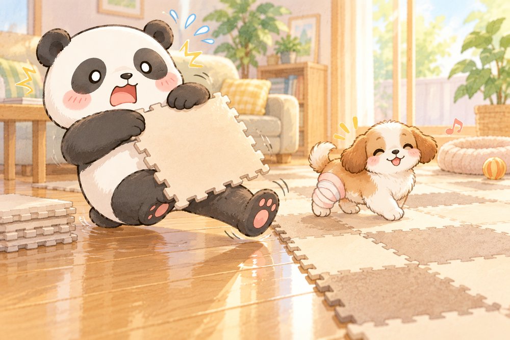 床に滑り止めマットを敷きながら自分がすべりそうになるパンダのナビ助